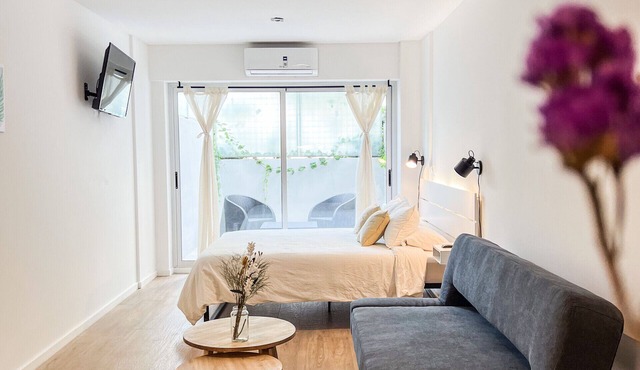 Studio apartment with balcony, terrace and pool